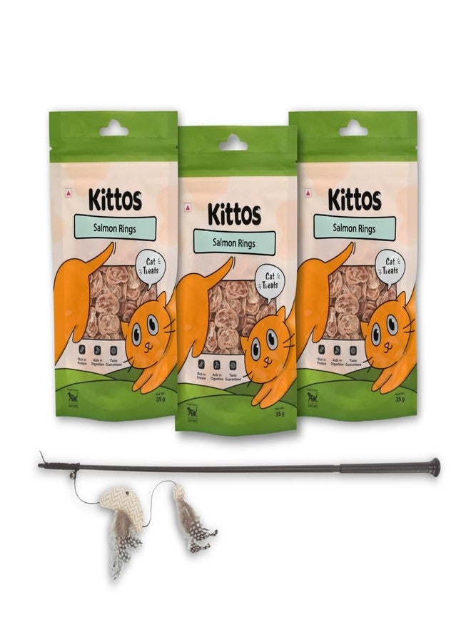 Trixie Combo of Trixie Playing Rod with Fish Toy for Cats - 65 cm and 3 Pack of Kittos Salmon Rings Cat Treats, 35 g - Image 1